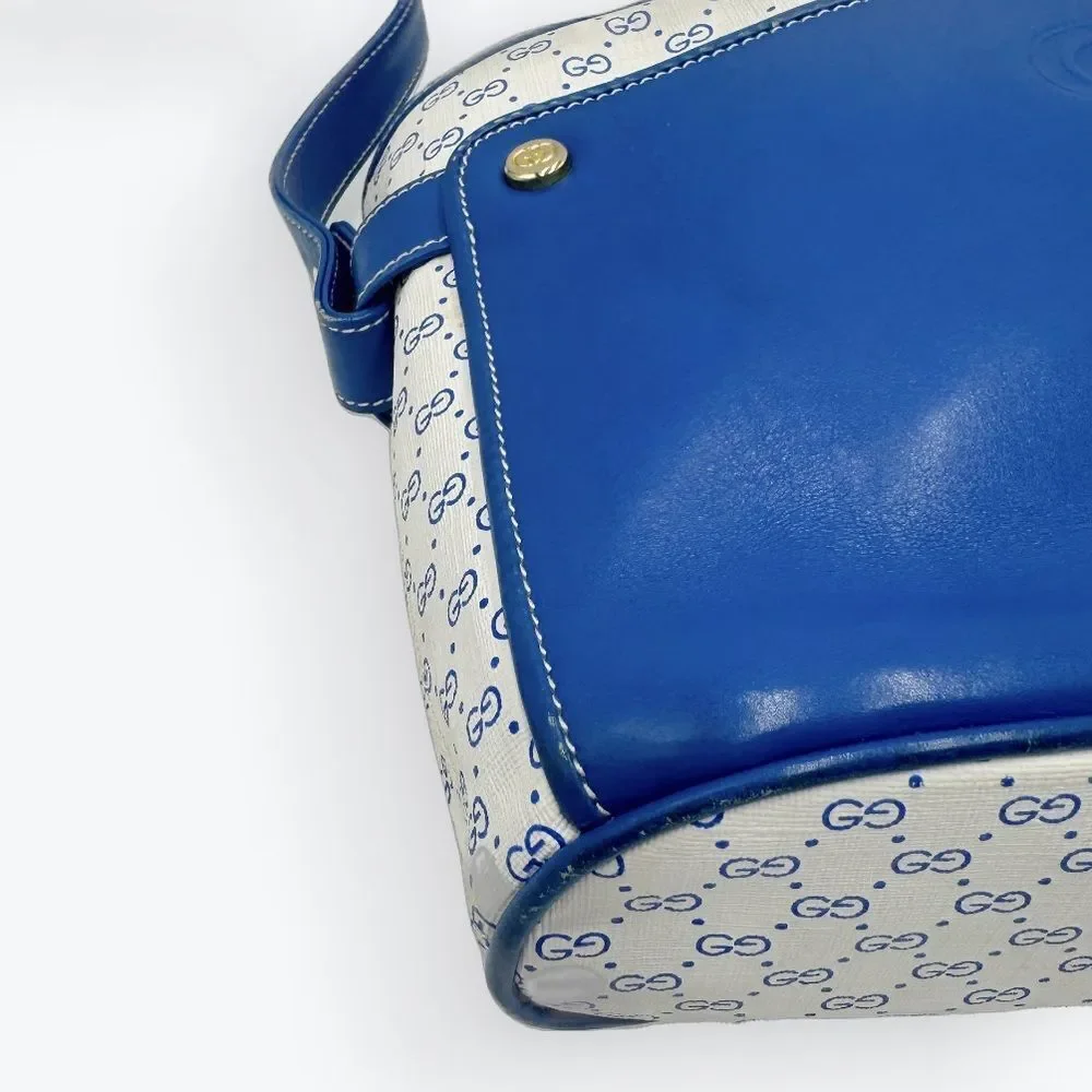 Auth Old Gucci Vintage Blue White Mini Supreme PVC Small Bucket Bag Cinch